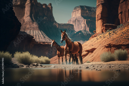 Wild horses in a vast prairie land. Generative ai.