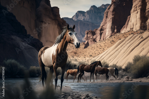 Wild horses in a vast prairie land. Generative ai.