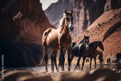 Wild horses in a vast prairie land. Generative ai.