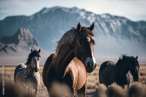 Wild horses in a vast prairie land. Generative ai.