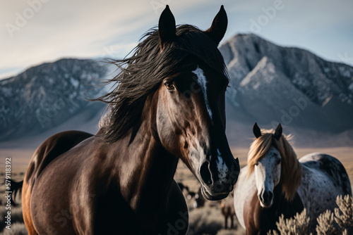 Wild horses in a vast prairie land. Generative ai.