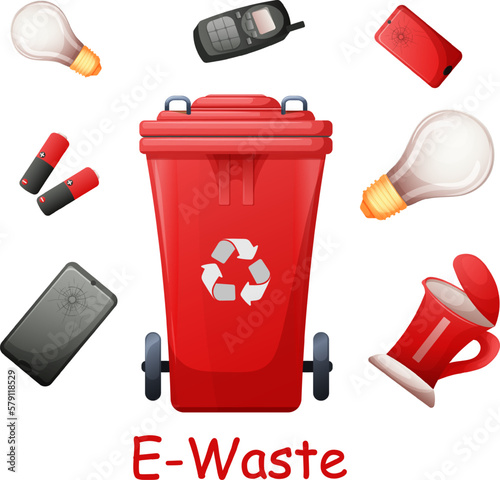 E-waste, no recyclable waste, batteries, bulb, electric kettle with dumpster.  Environment protection, sustainable development, Green living, ecolife vector photo