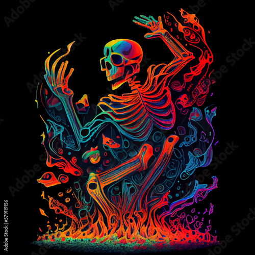 Multicolored illustration of dancing skeleton. AI generative.