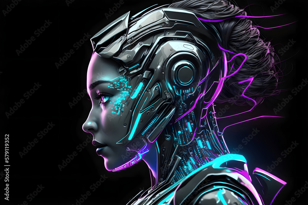 Robot woman on dark background, neon. Robot woman on dark background, neon.
