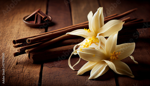 Dried vanilla sticks and vanilla orchid on wooden table. Close-up. photo