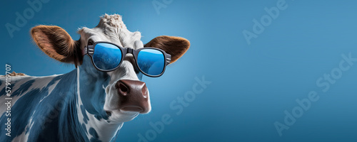 Cute Cartoon Cow wearing Sunglasses on a Blue Background (Generative AI) photo