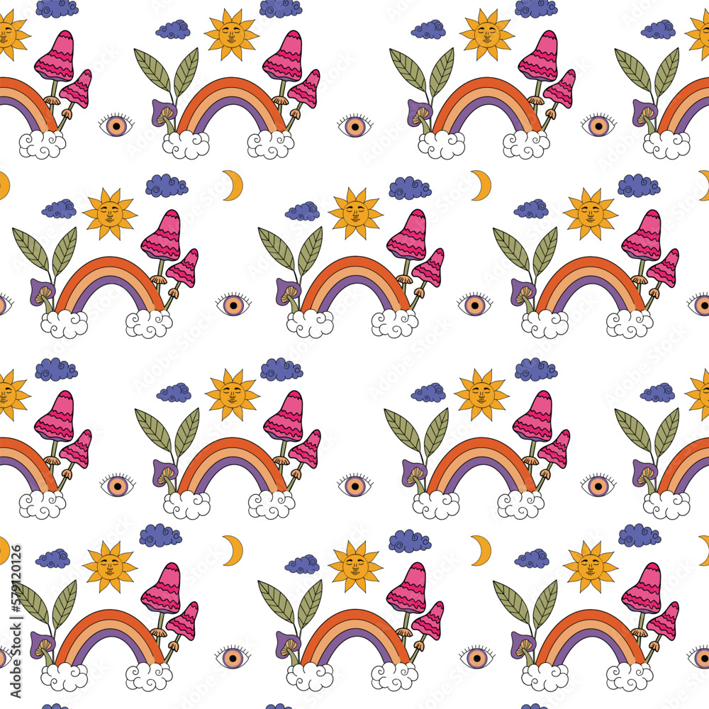 Obraz premium 70s Hippie style psychedelic elements mushroom, rainbow, floral retro pattern background.