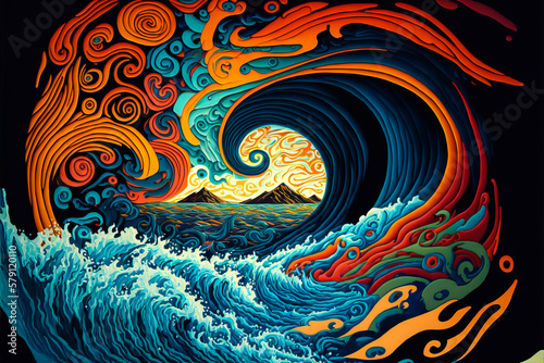 A hurricane or other natural disaster is depicted in a stylized and abstract way with winds  waves and bright colors to convey the power and destruction. Generative AI