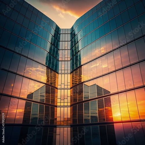 Modern skyscraper with mirror glass  sunset background.Generative AI