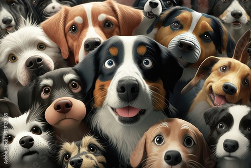 3D cute very many smiley dogs. Full dogs on background. Generative AI © Kanisorn