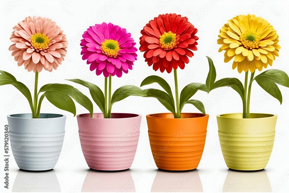 Flowers zinnia in little saturated pot isolated on white background. Generative AI