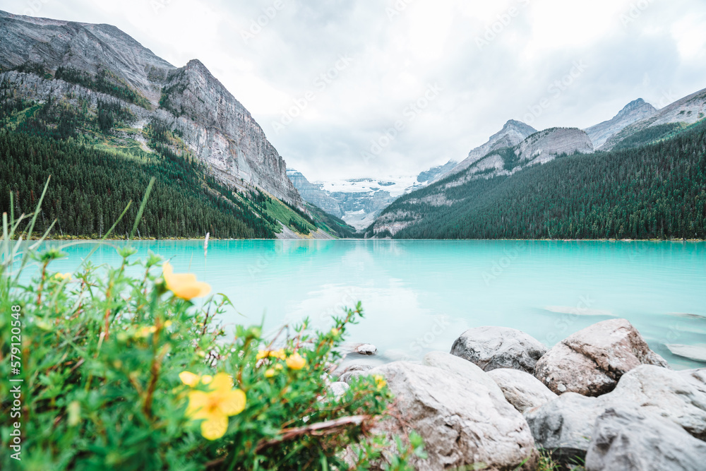 Majestic Moraine Lake in Alberta, Canada with stunning turquoise water