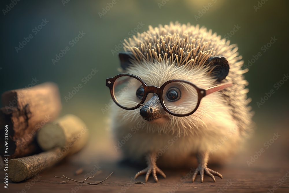 Cute little hedgehog wears glasses. Generative AI