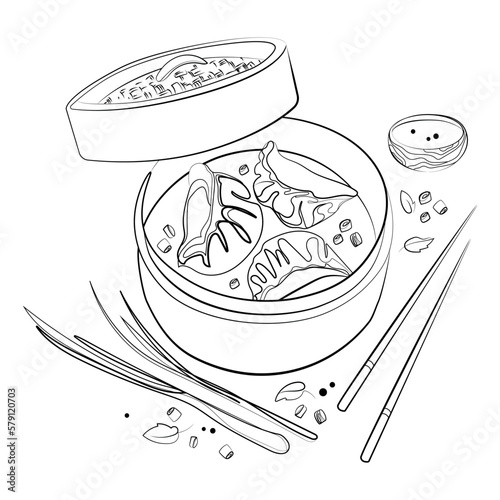 Gyoza Dim Sum dumplings in bamboo Steamer with green onions,sauce,and chopsticks Line art sketch vector illustration.Traditional Chinese cuisine,Asian food concept,black and white liner drawing