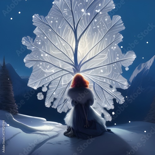 Zimowy krajobraz. Dziewczynka przed zmrożonym drzewem. 