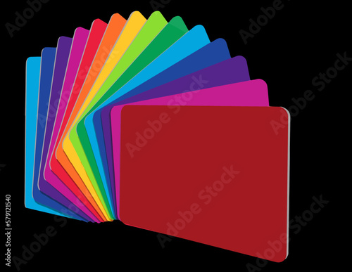 Blank credit cards in spectrum colors, rainbow of color, are fanned out as a graphic resource.
