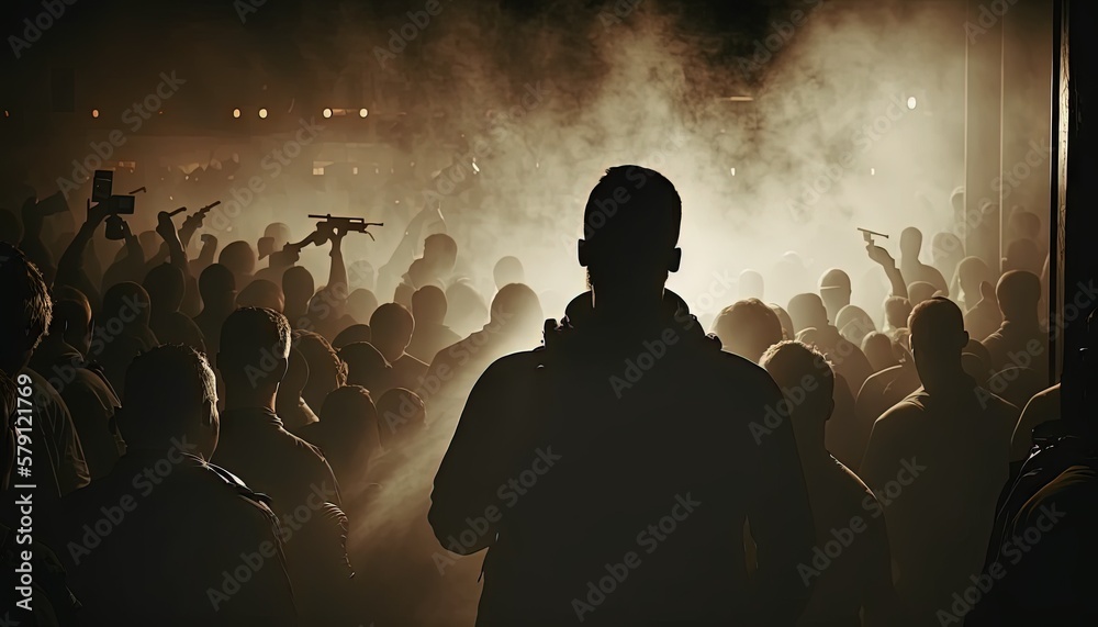  a man standing in front of a crowd of people in a dark room with smoke coming out of the back of his head and a gun in his hand.  generative ai