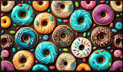  a bunch of different kinds of doughnuts on a brown surface with sprinkles and chocolate chips on the top of the doughnuts.  generative ai photo