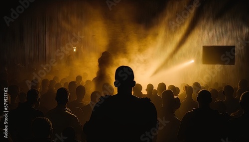  a crowd of people in a dark room with a light coming from the ceiling and a person standing in the middle of the room with a microphone.  generative ai © Shanti