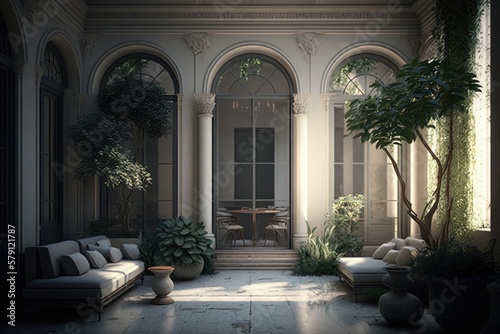 Interior design of a lavish side outside garden at morning. Generative AI