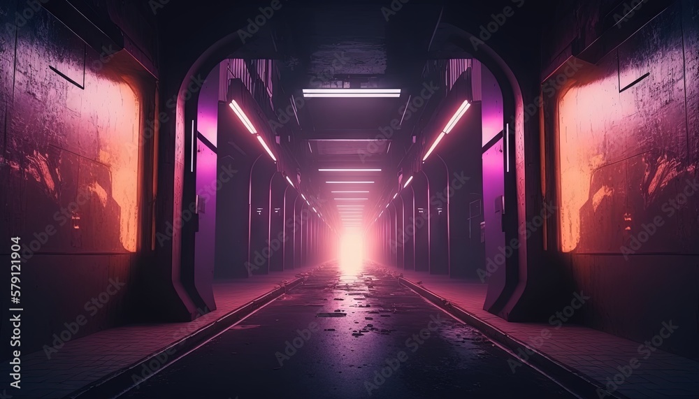  a long hallway with a light at the end of the tunnel between two buildings and a hallway leading to another building with a light at the end.  generative ai