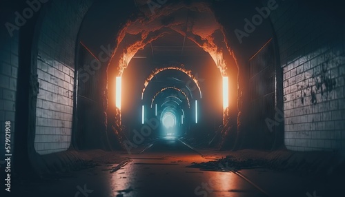  a dark tunnel with a light at the end of the tunnel is lit up by bright light from the light at the end of the tunnel.  generative ai