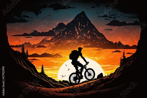 Witness the breathtaking sight of a cyclist against a dramatic sunset - Generative AI
