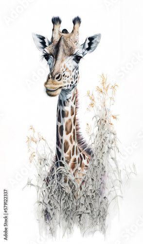  a drawing of a giraffe laying down in the grass with its head turned to the side, with its eyes closed, with its tongue out. generative ai