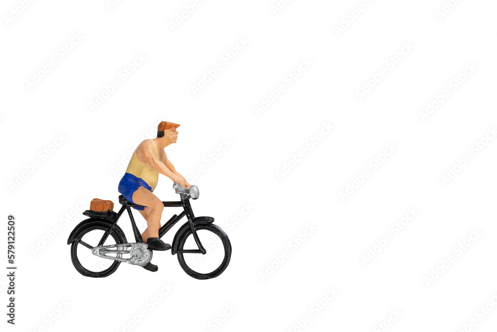 Miniature people travellers with bicycle isolate on white background with clipping path