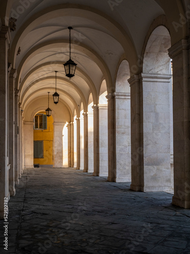 arches of a church at lake Como