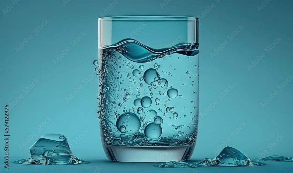 a glass of water with ice cubes on a blue background with water ...