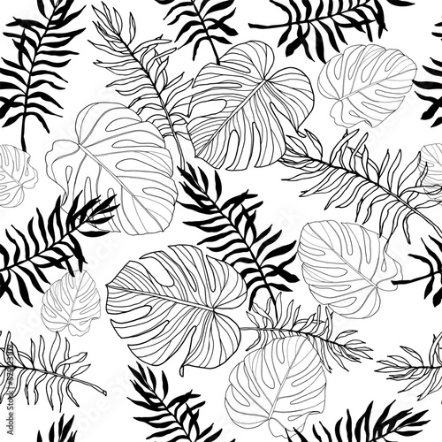 Black and white monstera and palm leaves seamless pattern for textile or wallpapers. Vector tropical leaves background