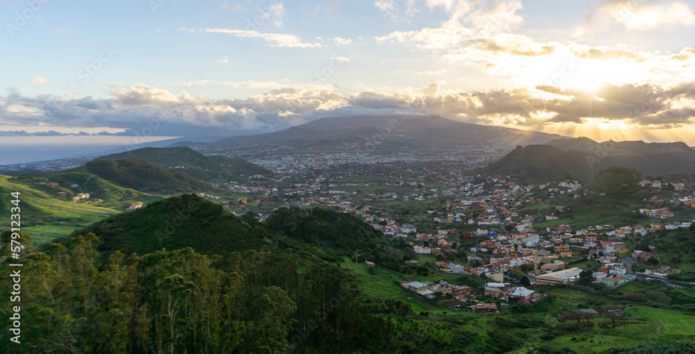 Panoramic view of San Cristóbal de la Laguna from the Jardina viewpoint at sunset