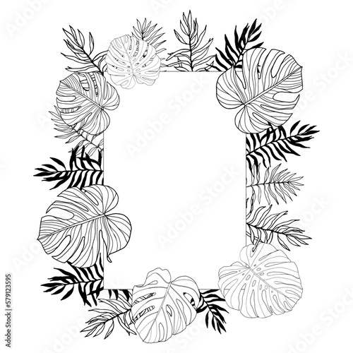 Square frame with tropical, jungle leaves, hand drawn, black and white