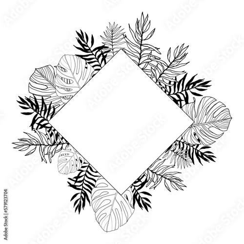 Square frame with tropical, jungle leaves, hand drawn, black and white