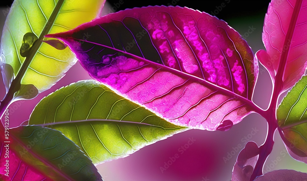 a close up of a green and pink leaf on a plant with water droplets on ...
