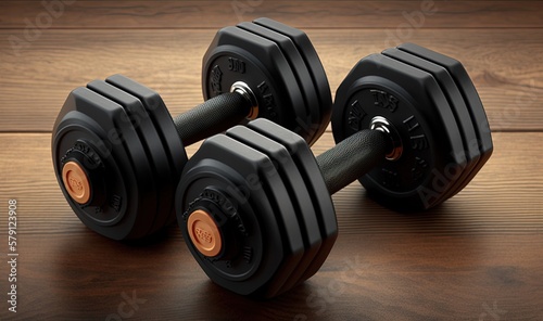  two black dumbbells on a wooden table with a brown background and a black one on the left side of the dumbbells. generative ai