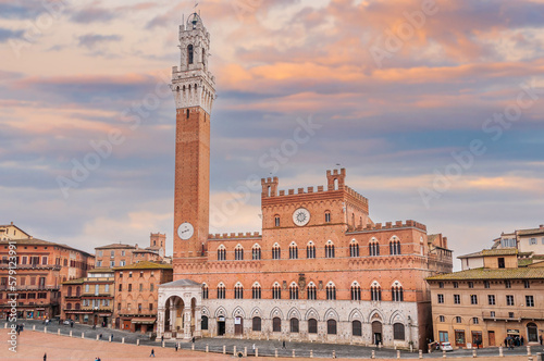 Palazzo Pubblico and Torre del Mangia piazza del campo in Siena in Tuscany, Italy