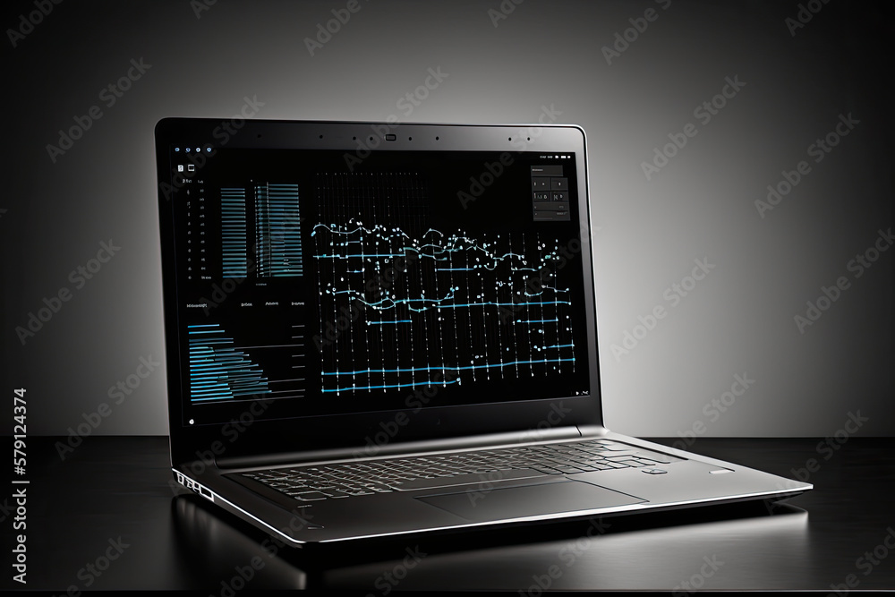 Laptop computer with analytics screen, generative Ai Laptop computer with analytics screen, generative Ai