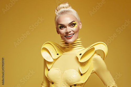 Generative AI illustration of smiling woman in yellow eccentric outfit photo