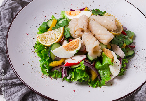 Salad of squid and vegetables, with egg, homemade, no people,