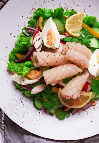 Salad of squid and vegetables, with egg, homemade, no people,