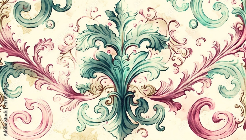 a painting of a floral design on a white wallpaper with blue, pink, and green swirls and leaves on the top of it. generative ai a painting of a floral design on a white wallpaper with blue, pink, and green swirls and leaves on the top of it. generative ai