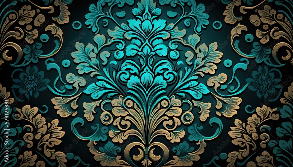 a blue and gold wallpaper with a floral design on it's back ground and ...