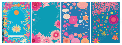 Set of backgrounds for the text Spring Festival cherry blossom, frame of stylized flowers. Set of backgrounds for women's day March 8.