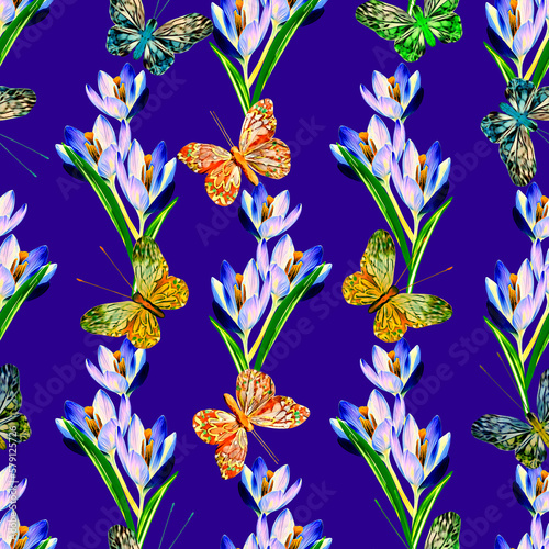Crocus flowers and butterfly-insects seamless pattern.