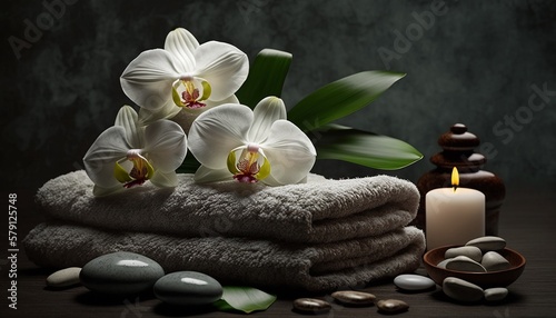 Spa background setting with orchid  towels and massage stones