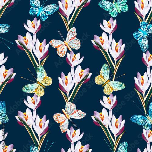 Crocus flowers and butterfly-insects seamless pattern.