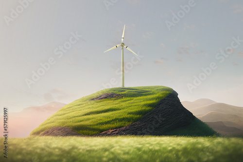 Windmill on a green hill. Generative AI