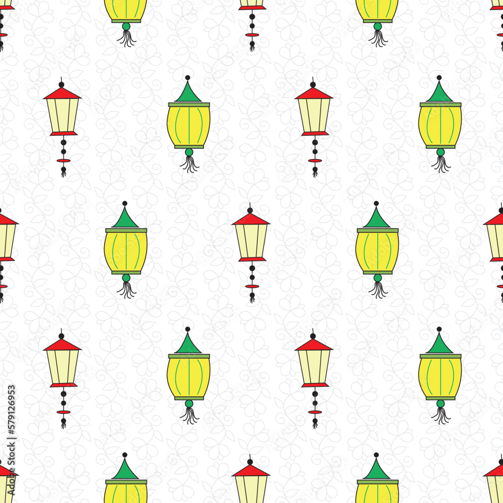 seamless repeat pattern with colorful lanterns on a white and gray textured background perfect for fabric, scrap booking, wallpaper, gift wrap projects
